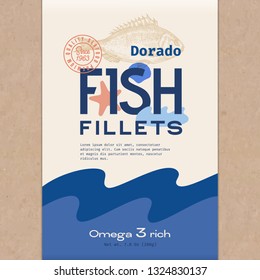 Fish Fillets. Abstract Vector Fish Packaging Design or Label. Modern Typography, Hand Drawn Dorado Silhouette and Colorful Elements. Craft Paper Background Layout.