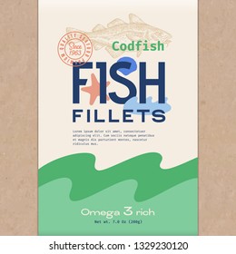 Fish Fillets. Abstract Vector Fish Packaging Design or Label. Modern Typography, Hand Drawn Codfish Silhouette and Colorful Elements. Craft Paper Background Layout.