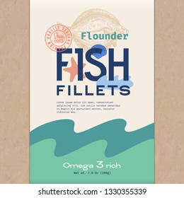 Fish Fillets. Abstract Vector Fish Packaging Design or Label. Modern Typography, Hand Drawn Flounder or Flatfish Silhouette and Colorful Elements. Craft Paper Background Layout.