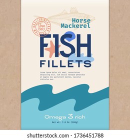 Fish Fillets. Abstract Vector Fish Packaging Design or Label. Modern Typography, Hand Drawn Horse Mackerel Silhouette and Colorful Elements. Craft Paper Background Layout.