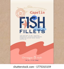 Fish Fillets. Abstract Vector Fish Packaging Design or Label. Modern Typography, Hand Drawn Capelin Silhouette and Colorful Elements. Craft Paper Background Layout.