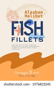 Fish Fillets Abstract Vector Packaging Design or Label. Modern Typography, Hand Drawn Wild Alaskan Halibut Silhouette and Colorful Elements. Paper Background Layout.