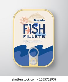 Fish Fillets Aluminium Container with Label Cover. Abstract Vector Premium Canned Packaging Design. Modern Typography and Hand Drawn Dorado Silhouette Background Layout. Isolated.