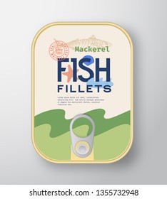 Fish Fillets Aluminium Container with Label Cover. Abstract Vector Premium Canned Packaging Design. Modern Typography and Hand Drawn Mackerel Silhouette Background Layout. Isolated.