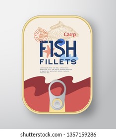 Fish Fillets Aluminium Container with Label Cover. Abstract Vector Premium Canned Packaging Design. Modern Typography and Hand Drawn Carp Silhouette Background Layout. Isolated.
