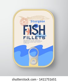 Fish Fillets Aluminium Container with Label Cover. Abstract Vector Premium Canned Packaging Design. Modern Typography and Hand Drawn Sturgeon or Beluga Silhouette Background Layout. Isolated.