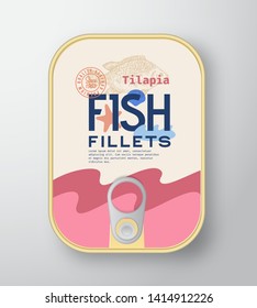 Fish Fillets Aluminium Container with Label Cover. Abstract Vector Premium Canned Packaging Design. Modern Typography and Hand Drawn Tilapia Silhouette Background Layout. Isolated.