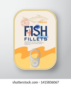Fish Fillets Aluminium Container with Label Cover. Abstract Vector Premium Canned Packaging Design. Modern Typography and Hand Drawn Pangasius or Basa Silhouette Background Layout. Isolated.
