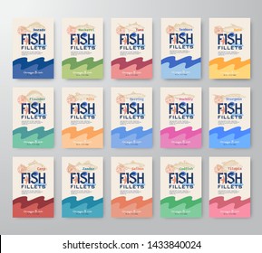 Fish Fillets Labels Big Collection. Abstract Vector Fish Packaging Design or Cards Series. Modern Typography and Hand Drawn Fishes Silhouettes Background Layout. Soft Realistic Shadows. Isolated.