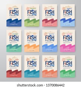 Fish Fillets Labels Collection. Abstract Vector Fish Packaging Design or Cards Series. Modern Typography and Hand Drawn Fishes Silhouettes Background Layout. Soft Realistic Shadows. Isolated.