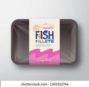 Fish Fillets Pack. Abstract Vector Fish Plastic Tray Container with Cellophane Cover. Packaging Design Label. Modern Typography Hand Drawn Anchovy Silhouette with Colorful Elements Layout. Isolated.