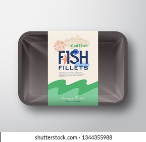 Fish Fillets Pack. Abstract Vector Fish Plastic Tray Container with Cellophane Cover. Packaging Design Label. Modern Typography Hand Drawn Cod Fish Silhouette with Colorful Elements Layout. Isolated.