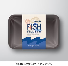 Fish Fillets Pack. Abstract Vector Fish Plastic Tray Container with Cellophane Cover. Packaging Design Label. Modern Typography Hand Drawn Dorado Silhouette with Colorful Elements Layout. Isolated.