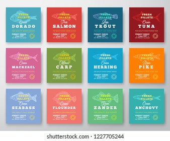 Fish Fillets Premium Quality Twelve Labels Set. Abstract Vector Fish Packaging Design Layout. Retro Typography with Borders and Hand Drawn Fish Silhouettes Background. Isolated.