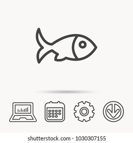 Fish with fin icon. Seafood sign. Vegetarian food symbol. Notebook, Calendar and Cogwheel signs. Download arrow web icon. Vector