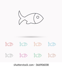 Fish with fin icon. Seafood sign. Vegetarian food symbol. Linear icons on white background.