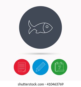 Fish with fin icon. Seafood sign. Vegetarian food symbol. Calendar, pencil or edit and document file signs. Vector