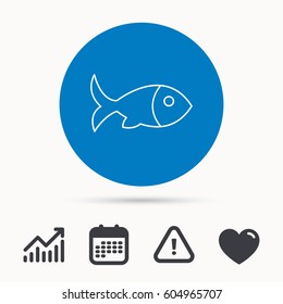 Fish with fin icon. Seafood sign. Vegetarian food symbol. Calendar, attention sign and growth chart. Button with web icon. Vector