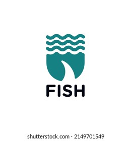 Fish Fin Logo With Wave And Shield Design Vector