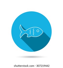 Fish with fin and scales icon. Seafood sign. Vegetarian food symbol. Blue flat circle button with shadow. Vector