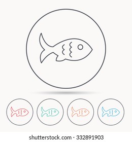Fish with fin and scales icon. Seafood sign. Vegetarian food symbol. Linear circle icons.