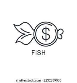 Financiación de los peces. dólar flotante. Icono lineal vectorial aislado en fondo blanco.