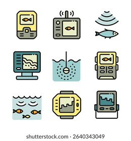 Fish finder color icons set. Depth finder. Fish searching. Digital echo sounder vector icons collection for web design isolated on white background. Digital gadget, designed for web and app.