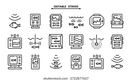 Conjunto de iconos de buscador de peces. Trazo editable. Buscador de profundidad. Búsqueda de peces. Vector sonda de eco digital muestra la colección para el Diseño web aislado en blanco.