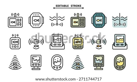 Fish finder icons set. Editable stroke. Depth finder. Fish searching. Digital echo sounder vector signs collection for web design isolated on white. Digital gadget, designed for web and app