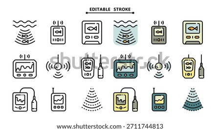 Fish finder icons set. Editable stroke. Depth finder. Fish searching. Digital echo sounder vector signs collection for web design isolated on white. Digital gadget, designed for web and app