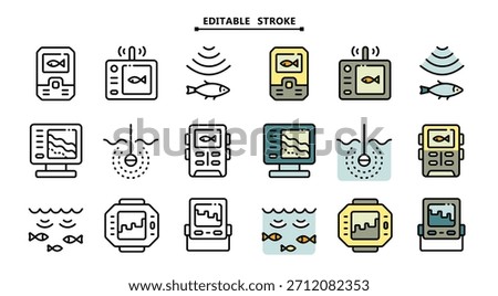 Fish finder icons set. Editable stroke. Depth finder. Fish searching. Digital echo sounder vector signs collection for web design isolated on white. Digital gadget, designed for web and app