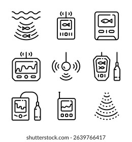 Fish finder line icon. Fish searching. Depth finder. Outline digital echo sounder vector icon for web design isolated on white background