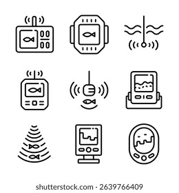 Fish finder line icons set. Depth finder. Fish searching. Outline digital echo sounder vector icons collection for web design isolated on white background. Digital gadget, designed for web and app.