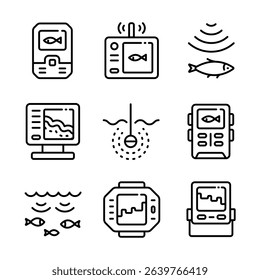 Fish finder line icons set. Depth finder. Fish searching. Outline digital echo sounder vector icons collection for web design isolated on white background. Digital gadget, designed for web and app.
