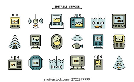 Conjunto de iconos de Vector de buscador de peces. Aislado en blanco. Sonido de eco, sonar, símbolos planos de peces con trazo editable.