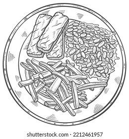 fish finger and beans british or england food cuisine isolated doodle hand drawn sketch with outline style