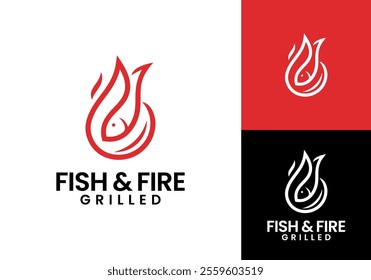fish with fire logo. seafood bbq restaurant vector design template