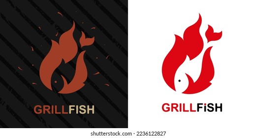 Fish and fire silhouette. Grilled fish concept. Logo and label template 