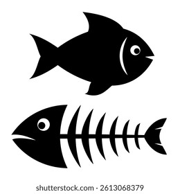 Fish and fishbone silhouette icon isolated on white background. Simple flat illustration of two funny cute fishes, side view drawings.