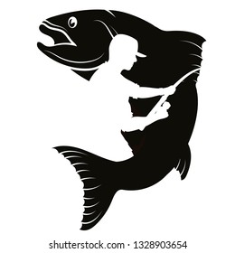 Fish And Fisherman With A Fishing Rod Silhouette Vector