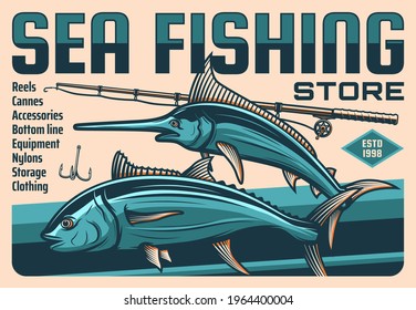 Pescado, vara y gancho de pescador, diseño deportivo de pesca vectorial. Pesca de pescadores o pescadores de atún y de marlín azul con aparejo de pescador afiche retro tienda de pesquerías y tienda de equipos de pesca