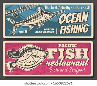 Fish and fisherman rod retro banners of fishing sport club and seafood restaurant menu vector design. Blue marlin, mackerel and flounder or flatfish with fishing tackle, lure and reel