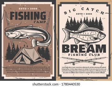 Fish and fisherman rods, vector fishing sport. Bream and catfish fisherman catch with fishing tackle, bait, spinning reel and lure, camp tent and forest trees retro posters, sport club, outdoor hobby