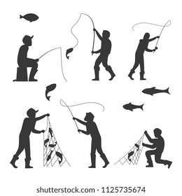 Fish and fisherman silhouettes isolated on white background. Fisherman fishing sport and leisure. Vector illustration