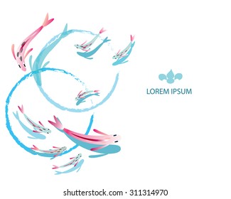 Fish - fishes in water - top view page design. Fish silhouettes and brush paint grunge water circles. Japanese fish pond. Thai spa pedicure with tiddler fishes. Isolated on white. Eps 10.