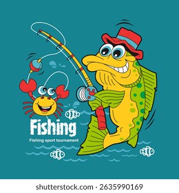 fish fishing for crabs to eat, vector illustration