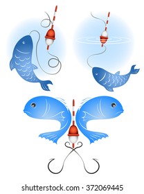 Fish and fishing equipment vector set