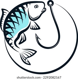 Fish and fishing hook on fishing line, design for fishing