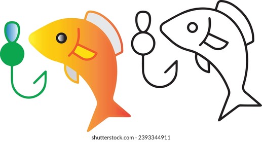 Fish and fishing hook thin line icon. Fish and lure vector.