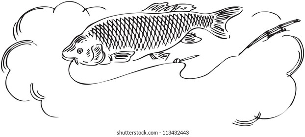 Fish with a fishing line and rod. Vector illustration.